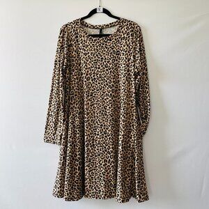 Celeste Womens Beige Long Sleeve Cottagecore Leopard Print A-Line Dress Size XL